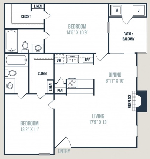 a floor plan for a two bedroom apartment at The Raleigh at Towne Crossing