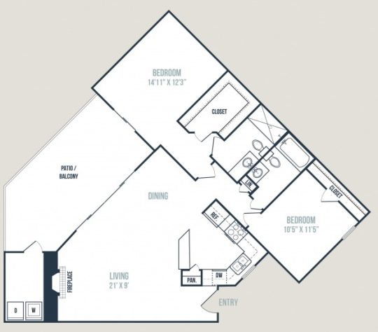 a floor plan of a two bedroom apartment at The Raleigh at Towne Crossing